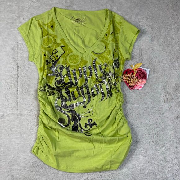 Vintage Y2K Apple Bottoms NWT Rhinestone Graffiti Women’s Scrunch Neon Shirt - Picture 1 of 7
